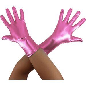 Women's Pink Shiny Metallic Short Length Satin Wrist Gloves Costume Party